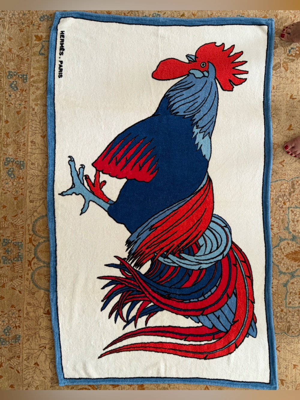 AUTHENTIC HERMES PARIS vintage RARE”COQ”(ROOSTER)Terry cloth cotton beach towel